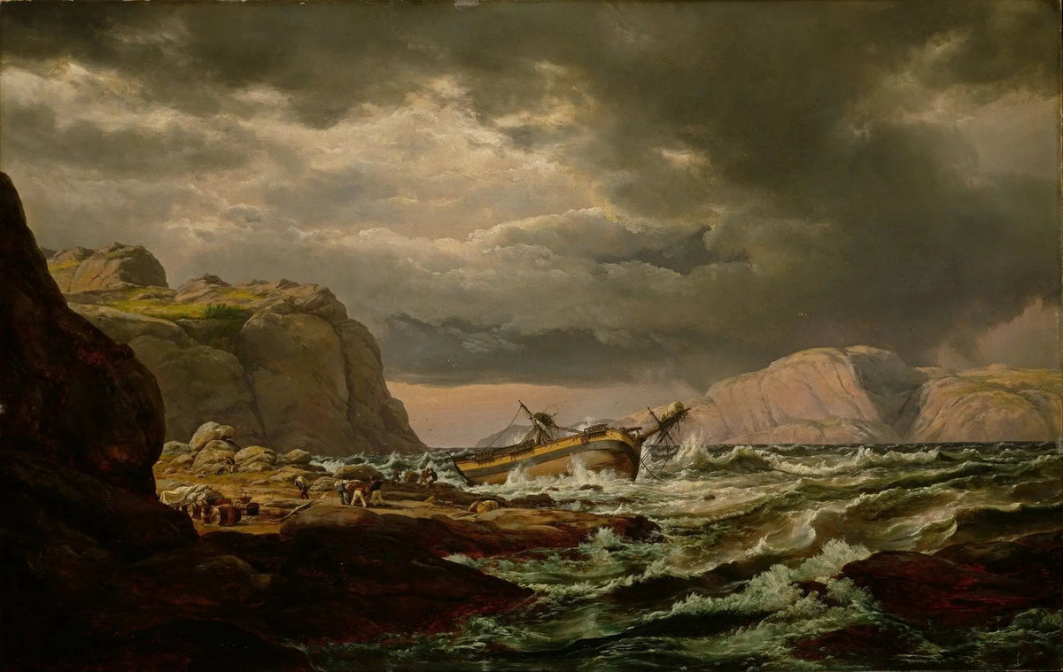 Hand-painted shipwreck on rocky coastline nautical oil painting on canvas