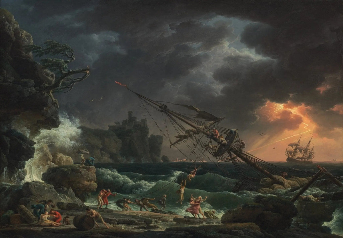 Hand-painted shipwreck with figures on rocky coast nautical oil painting on canvas