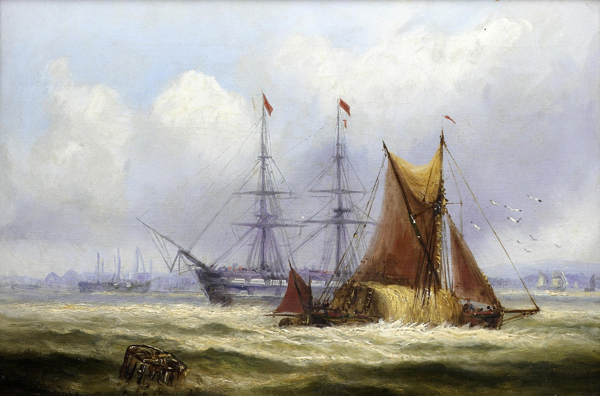 Hand-painted smack and tall ship in rough coastal nautical oil painting on canvas