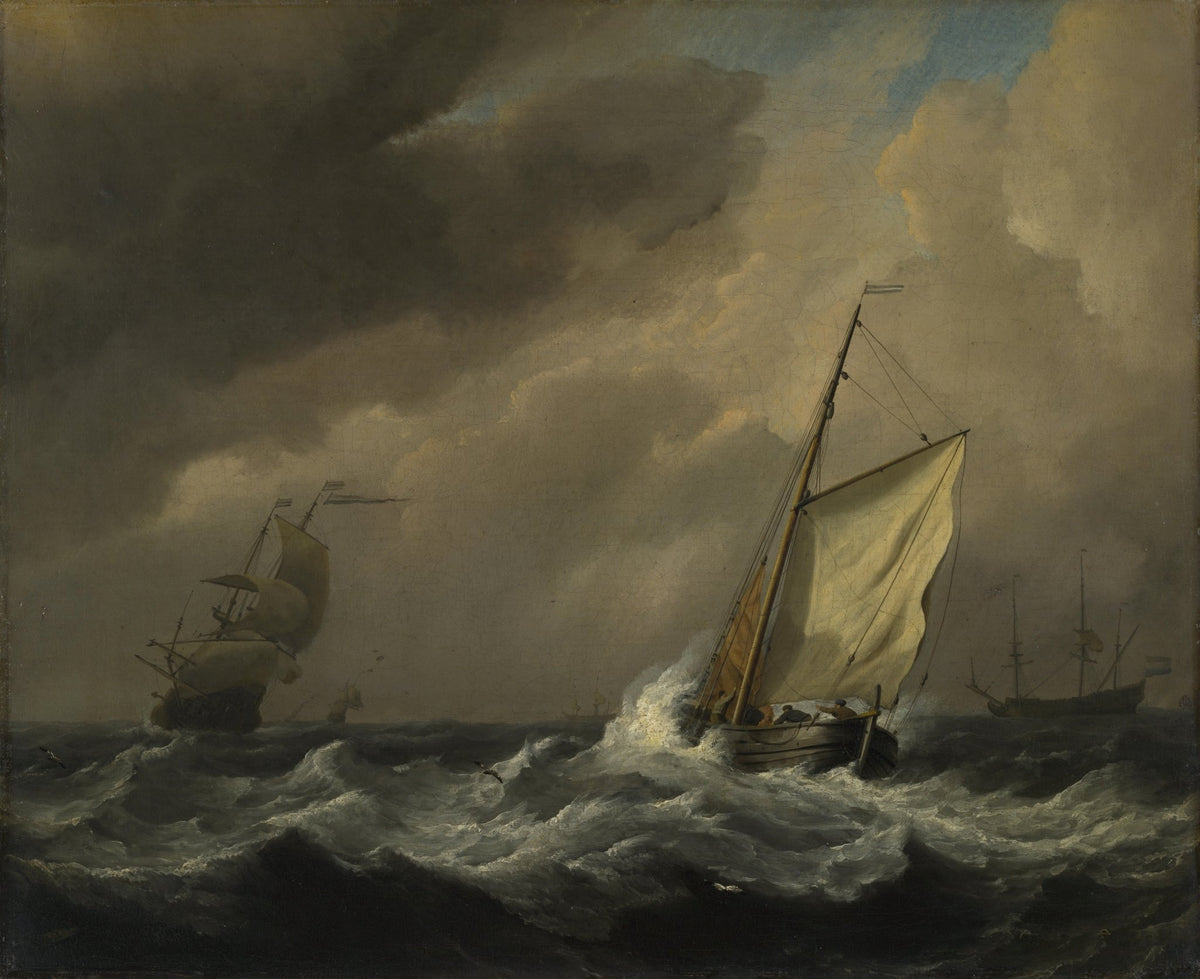 Hand-painted small Dutch vessel in strong breeze nautical oil painting on canvas