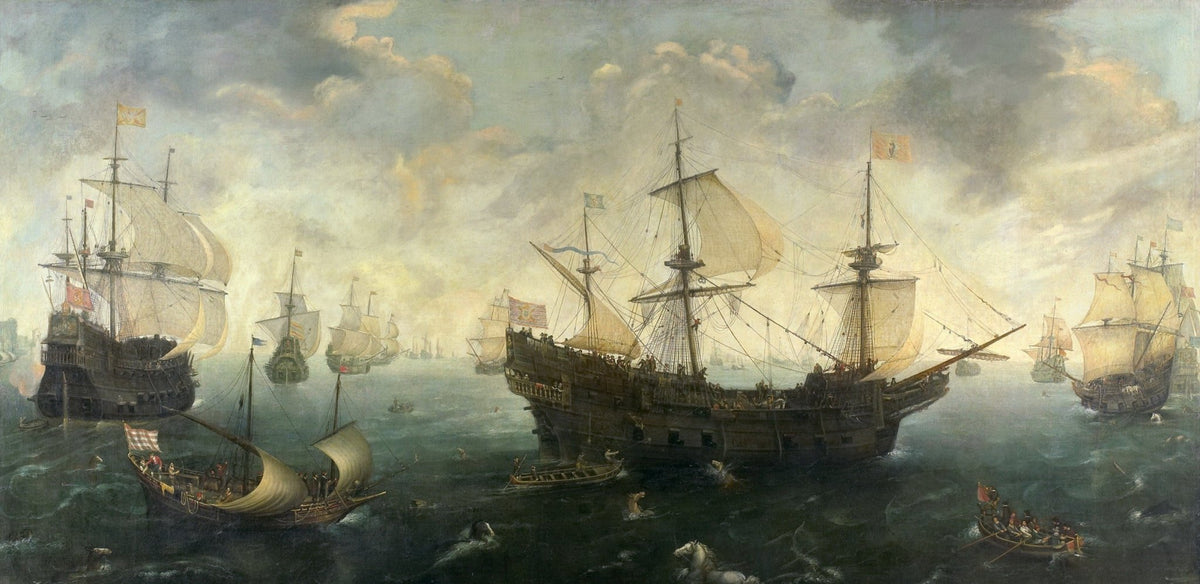 Hand-painted spanish armada off the english coast nautical oil painting on canvas