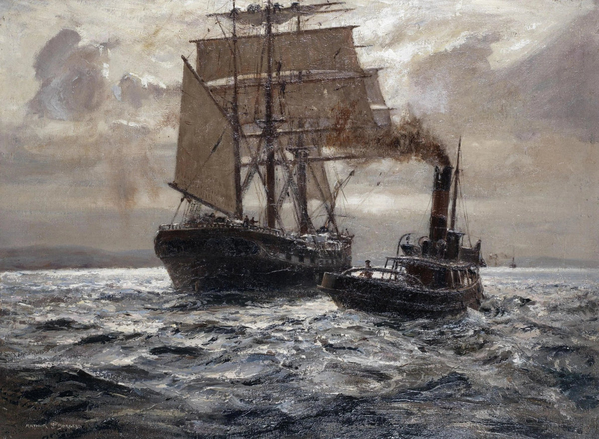 Hand-painted steam tugboat and sailship nautical oil painting on canvas