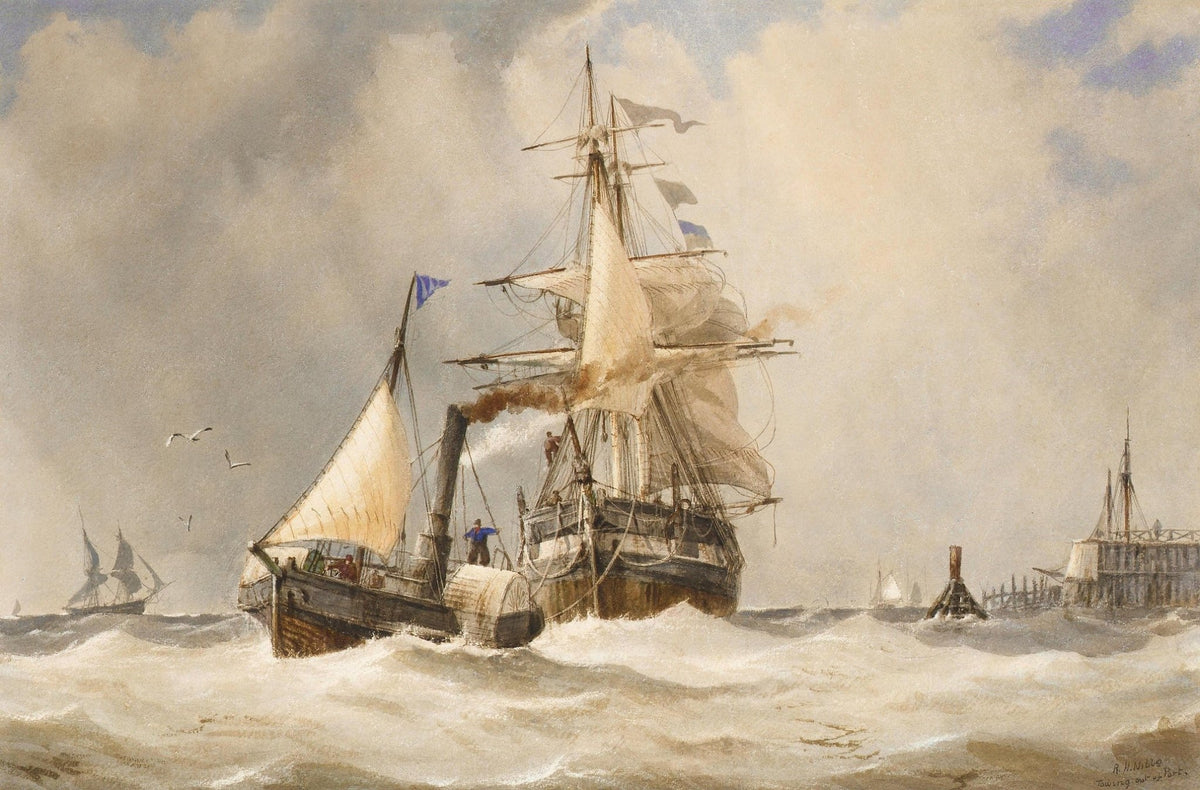 Hand-painted steamship and sailboat in rough surf nautical oil painting on canvas