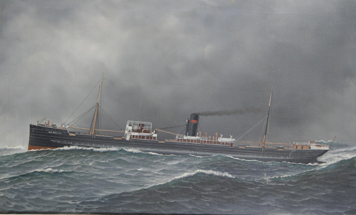 Hand-painted steamship on dark sea under storm sky nautical oil painting on canvas