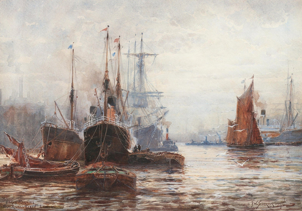 Hand-painted steamships and red sail in harbor nautical oil painting on canvas