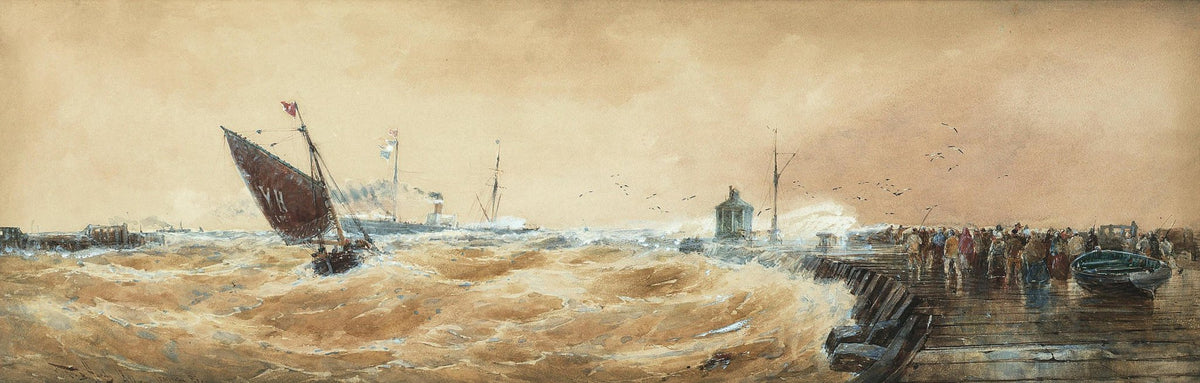 Hand-painted storm-tossed harbor and crowded pier nautical oil painting on canvas