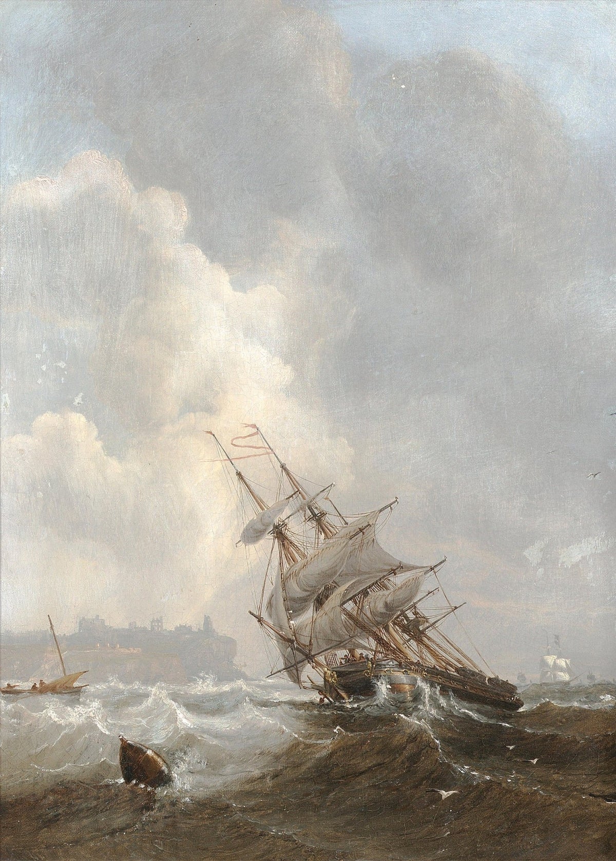 Hand-painted storm-tossed tall ship off rocky coast nautical oil painting on canvas