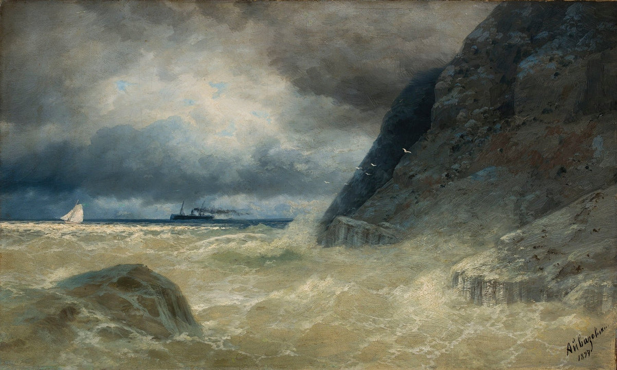 Hand-painted storm waves by rocky cliffs nautical oil painting on canvas