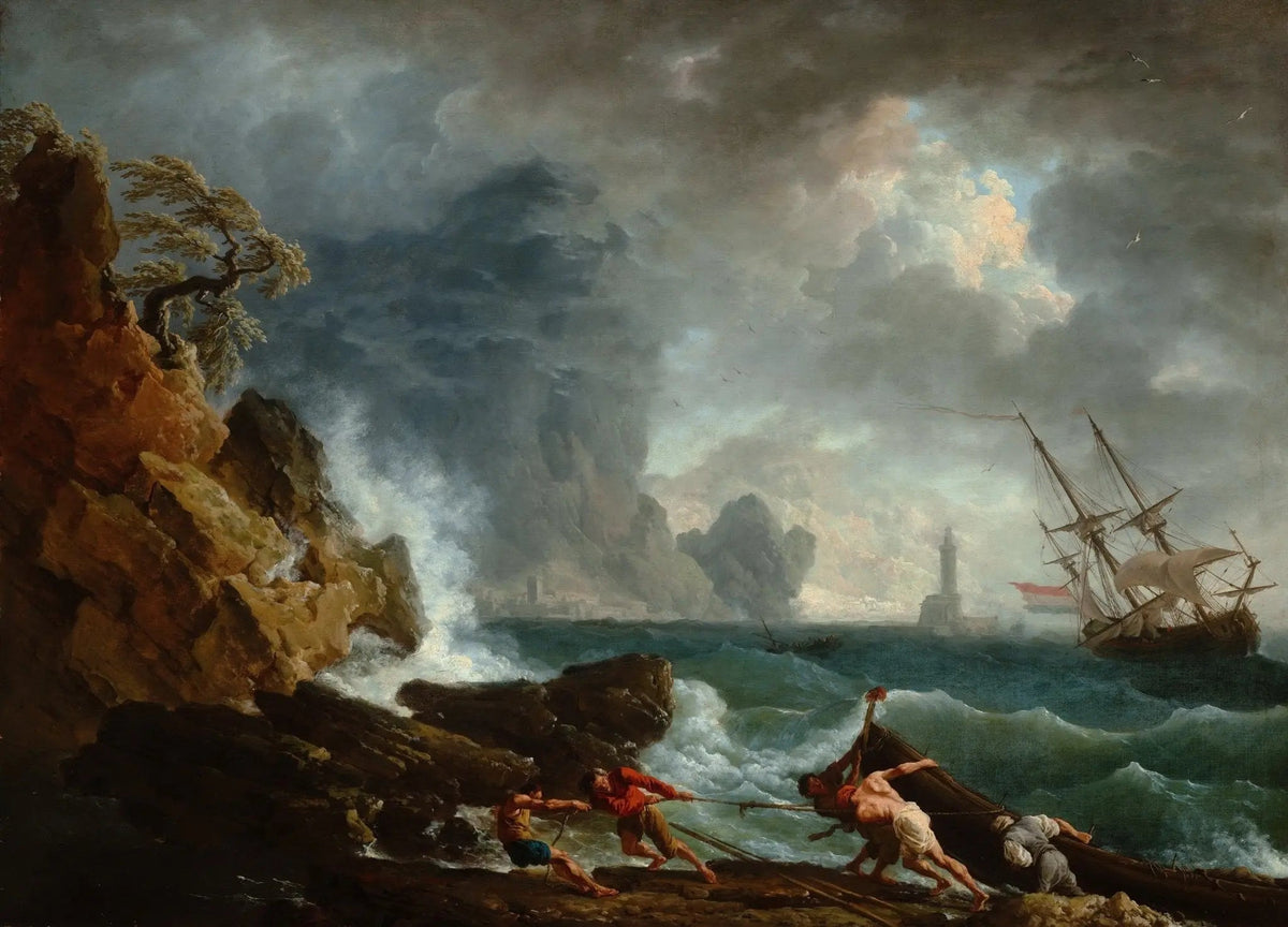 Hand-painted stormy coast with ship and figures nautical oil painting on canvas