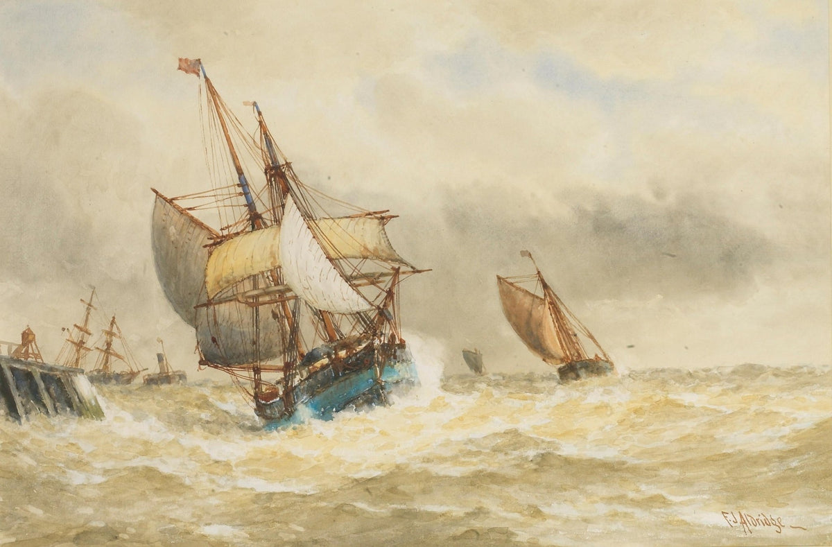 Hand-painted stormy fishing boats in rough sea nautical oil painting on canvas