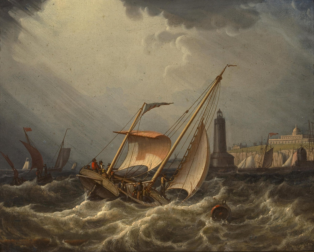 Hand-painted stormy harbor sailboat by lighthouse nautical oil painting on canvas