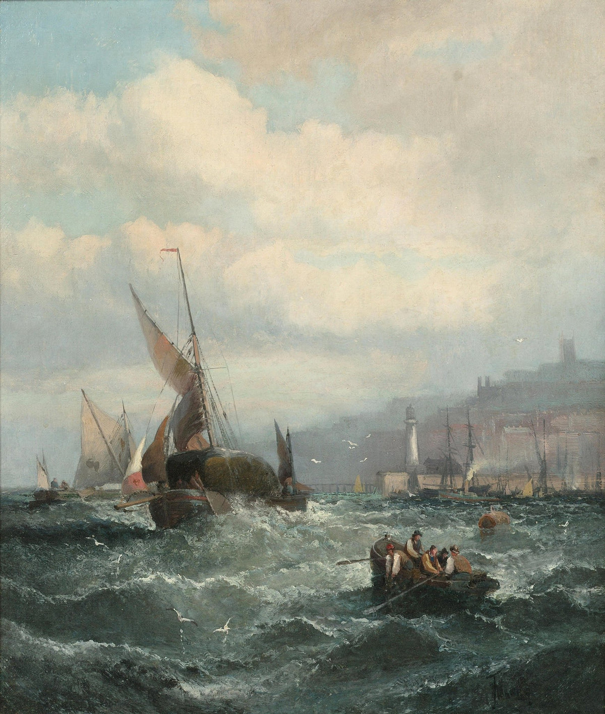 Hand-painted stormy harbor sailboats and rowboat nautical oil painting on canvas