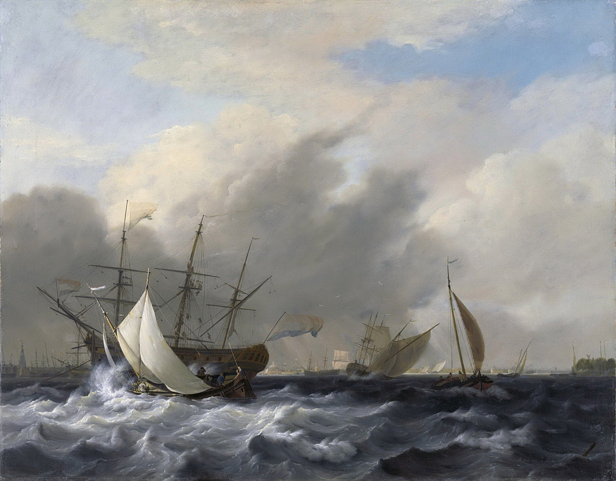 Hand-painted stormy harbor ships and sailing boats nautical oil painting on canvas