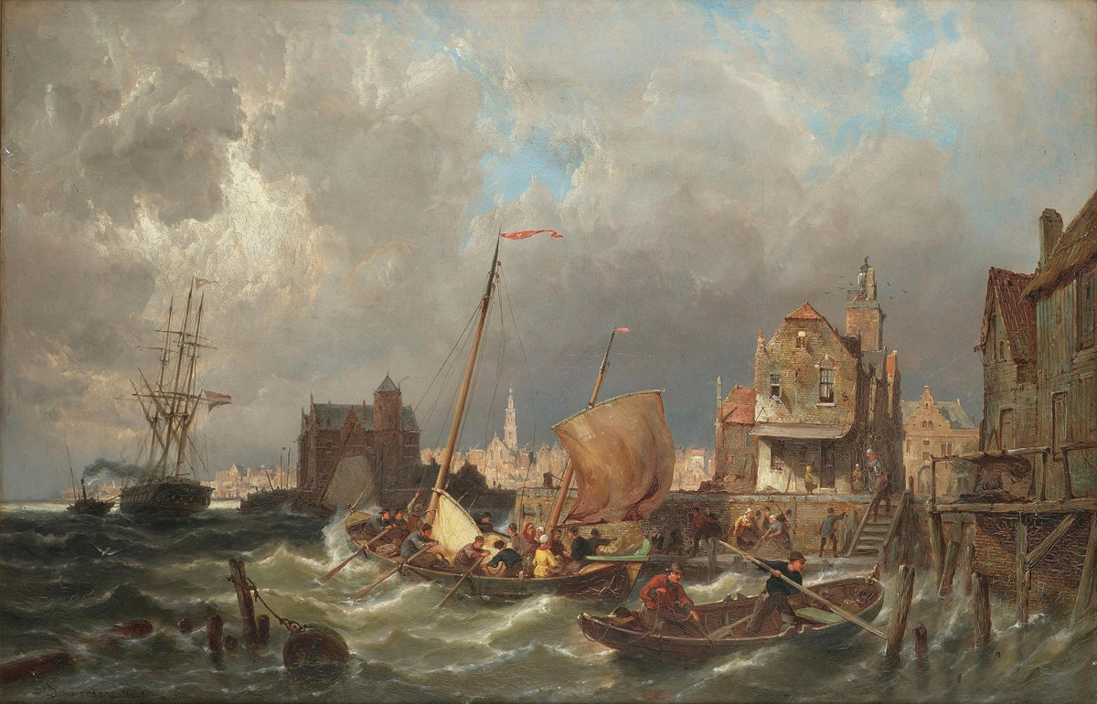 Hand-painted stormy harbor town with fishing boats nautical oil painting on canvas