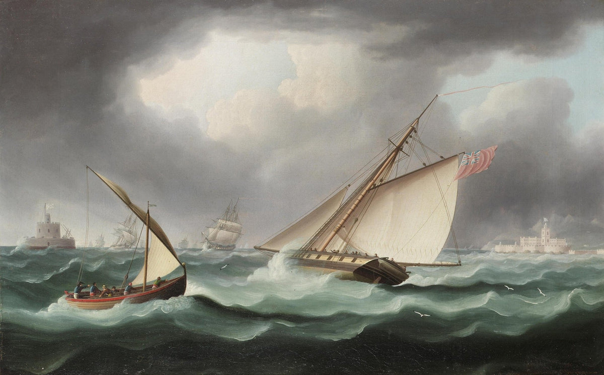 Hand-painted stormy sailing yacht by lighthouse coast nautical oil painting on canvas