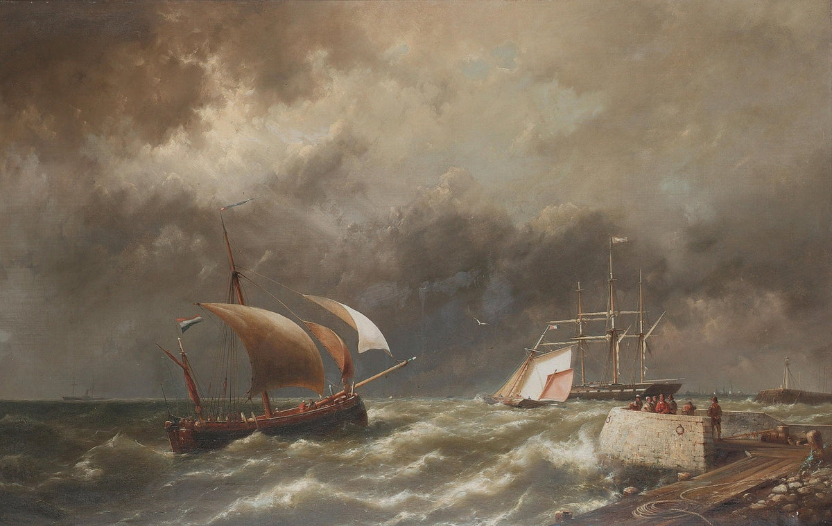 Hand-painted stormy sea and sailing ships nautical oil painting on canvas
