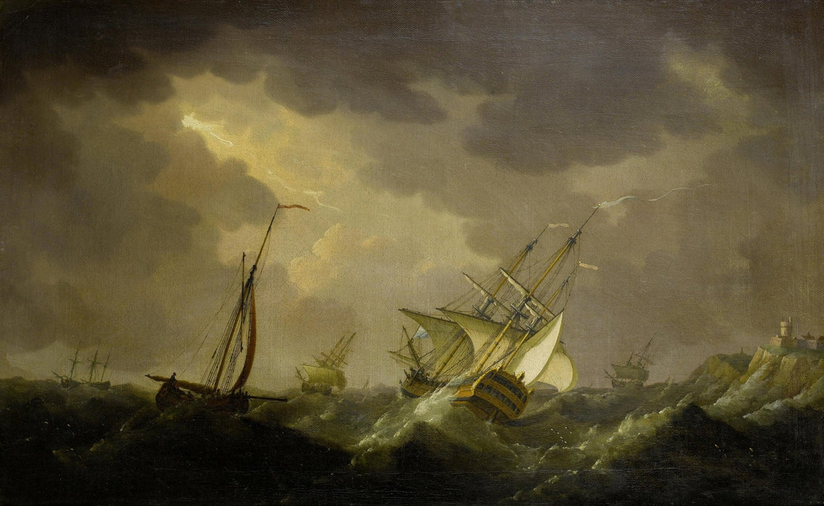 Hand-painted stormy sea with warship by cliffs nautical oil painting on canvas