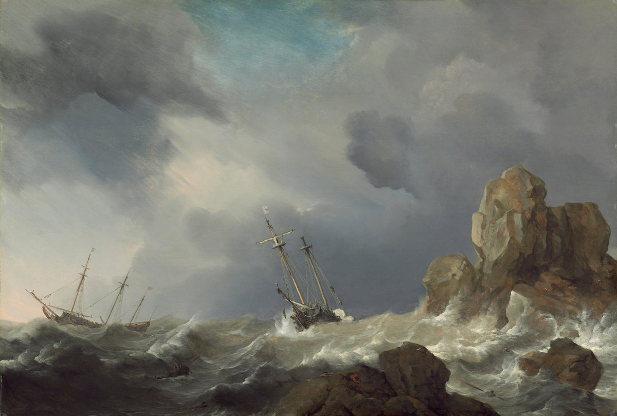 Hand-painted stormy shipwreck by coastal rocks nautical oil painting on canvas