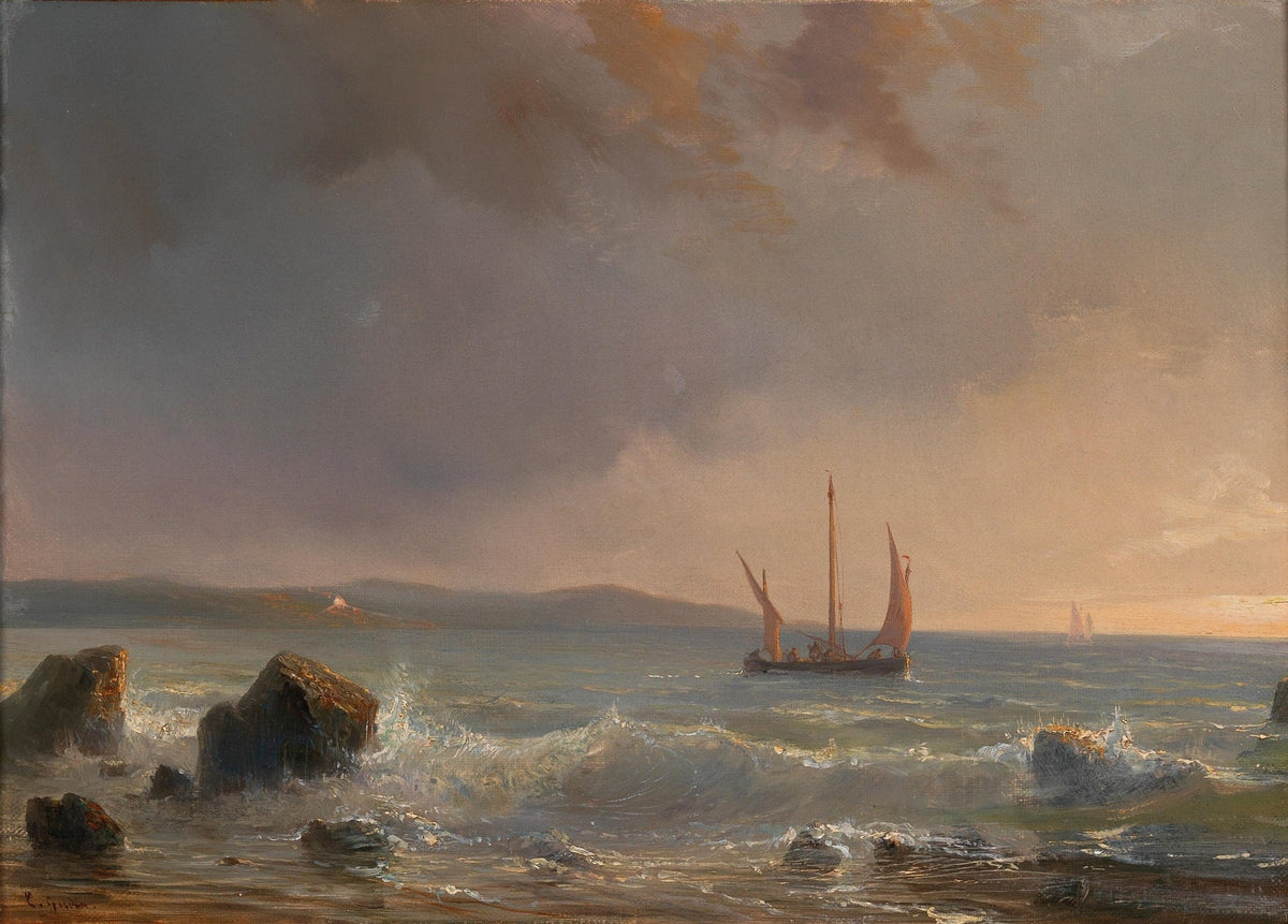Hand-painted stormy sunset sailboat and rocky sea nautical oil painting on canvas