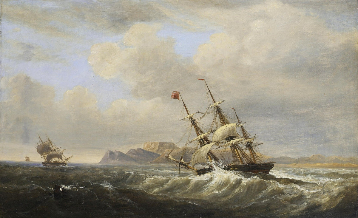 Hand-painted stormy tall ship near coastal cliffs nautical oil painting on canvas