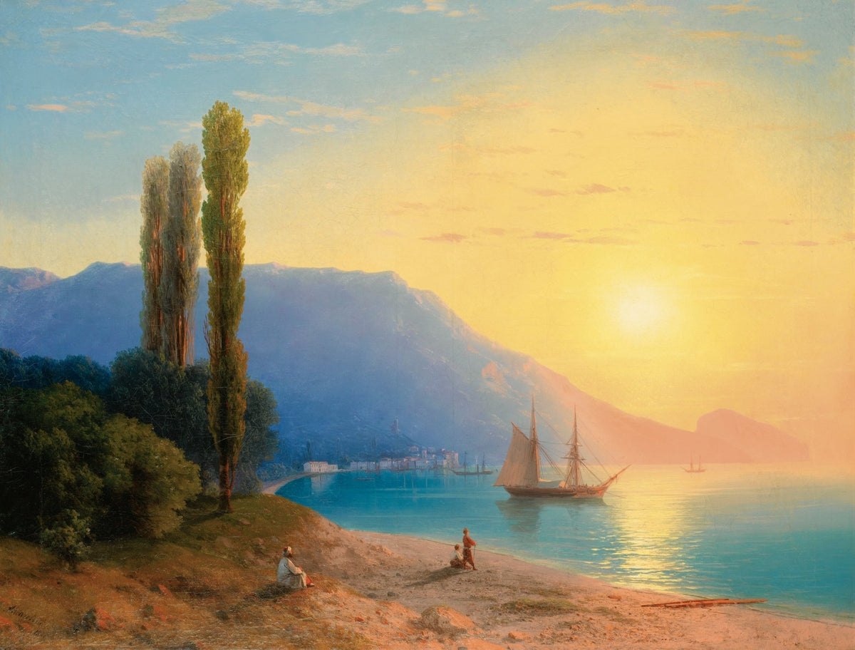 Hand-painted sunset harbor with sailing ship nautical oil painting on canvas