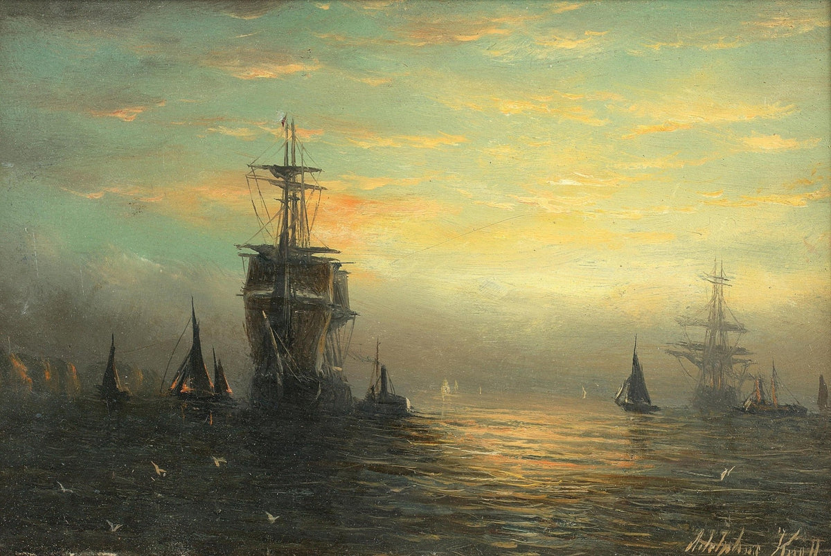 Hand-painted sunset harbor with tall ships in mist nautical oil painting on canvas