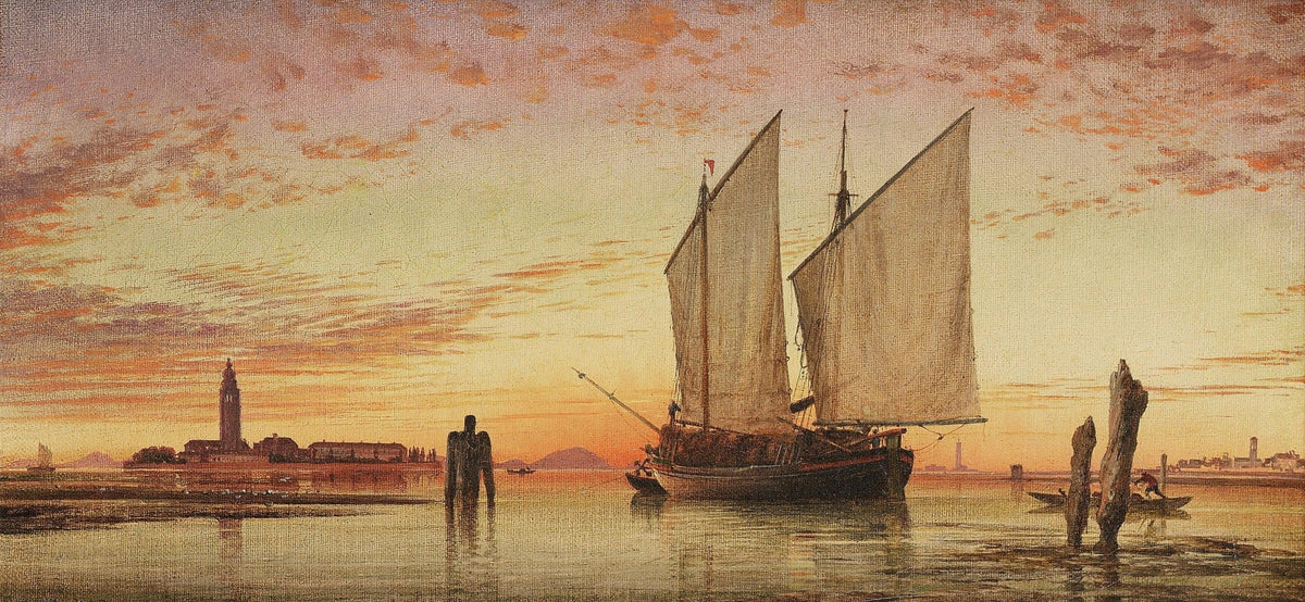 Hand-painted sunset sailboat in Venetian lagoon nautical oil painting on canvas