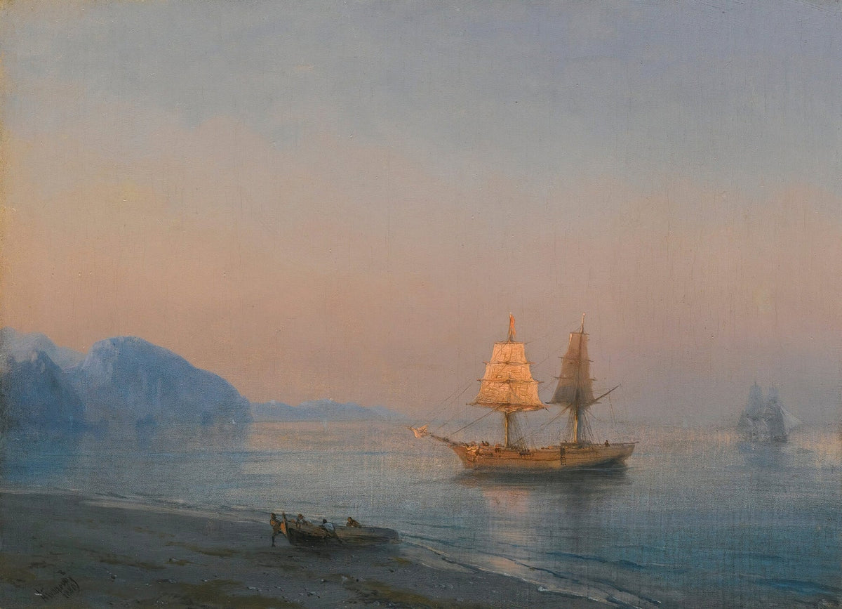 Hand-painted sunset sailing ship at calm sea nautical oil painting on canvas