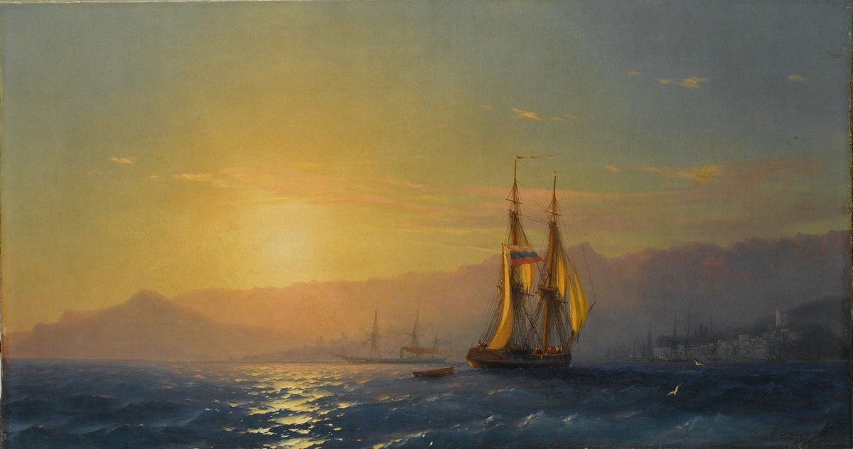 Hand-painted sunset sailing ship at sea nautical oil painting on canvas