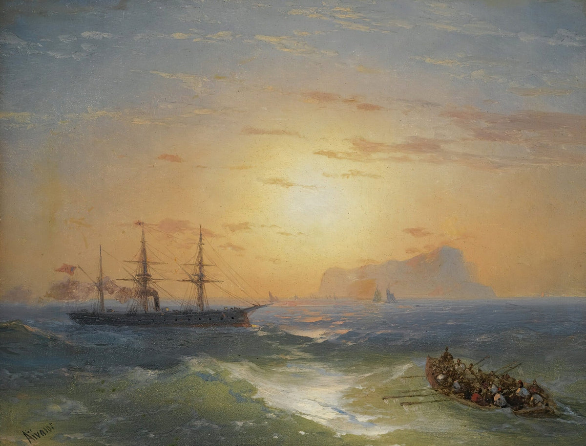 Hand-painted sunset warship and rowboat nautical oil painting on canvas