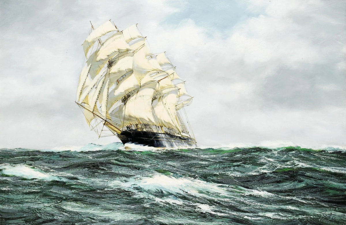 Hand-painted tall sailing ship in stormy seas nautical oil painting on canvas