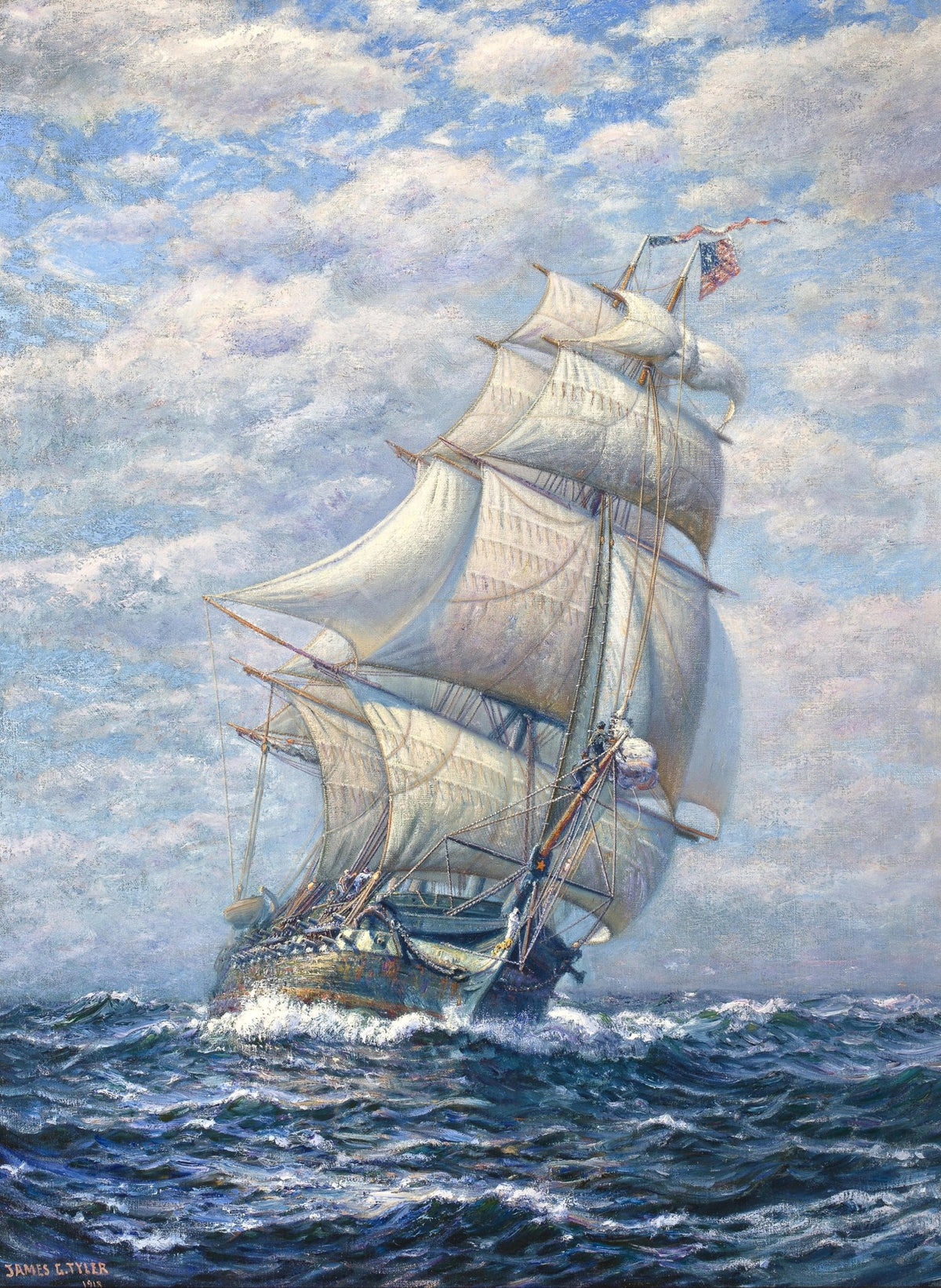 Hand-painted tall sailing ship on blue sea and clouds nautical oil painting on canvas