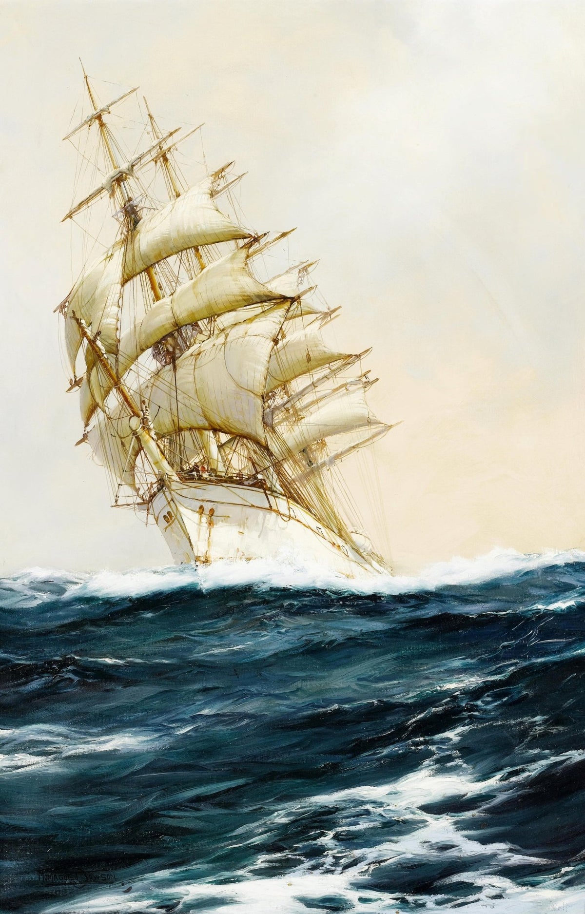 Hand-painted tall sailing ship on dark blue waves nautical oil painting on canvas