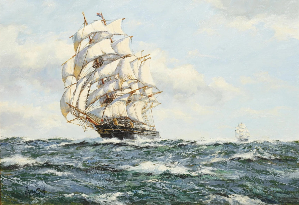 Hand-painted tall sailing ship on rough sea nautical oil painting on canvas