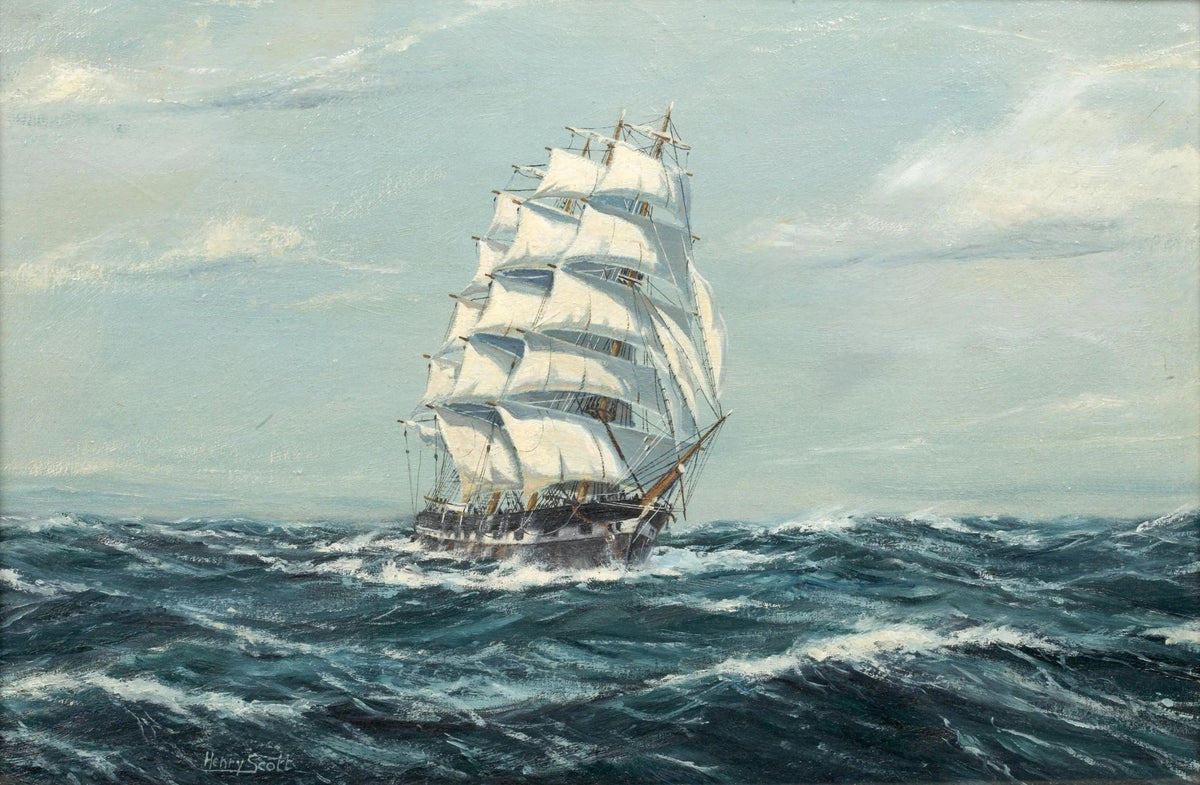 Hand-painted tall sailing ship on rough sea nautical oil painting on canvas