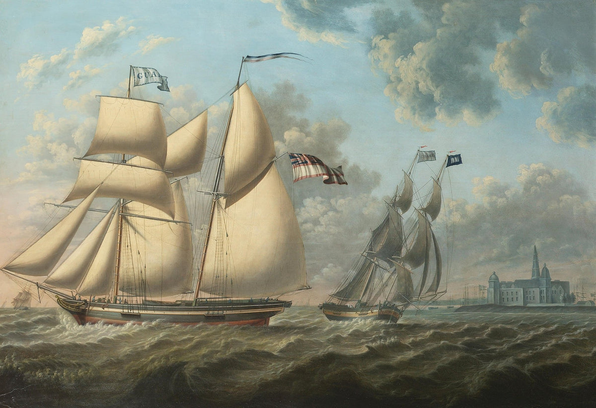 Hand-painted tall sailing ships near coastal church nautical oil painting on canvas
