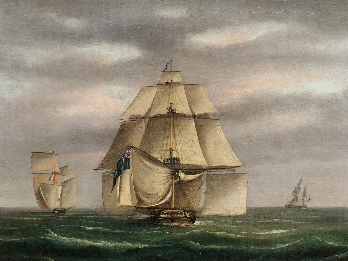 Hand-painted tall sailing ships on quiet open sea nautical oil painting on canvas