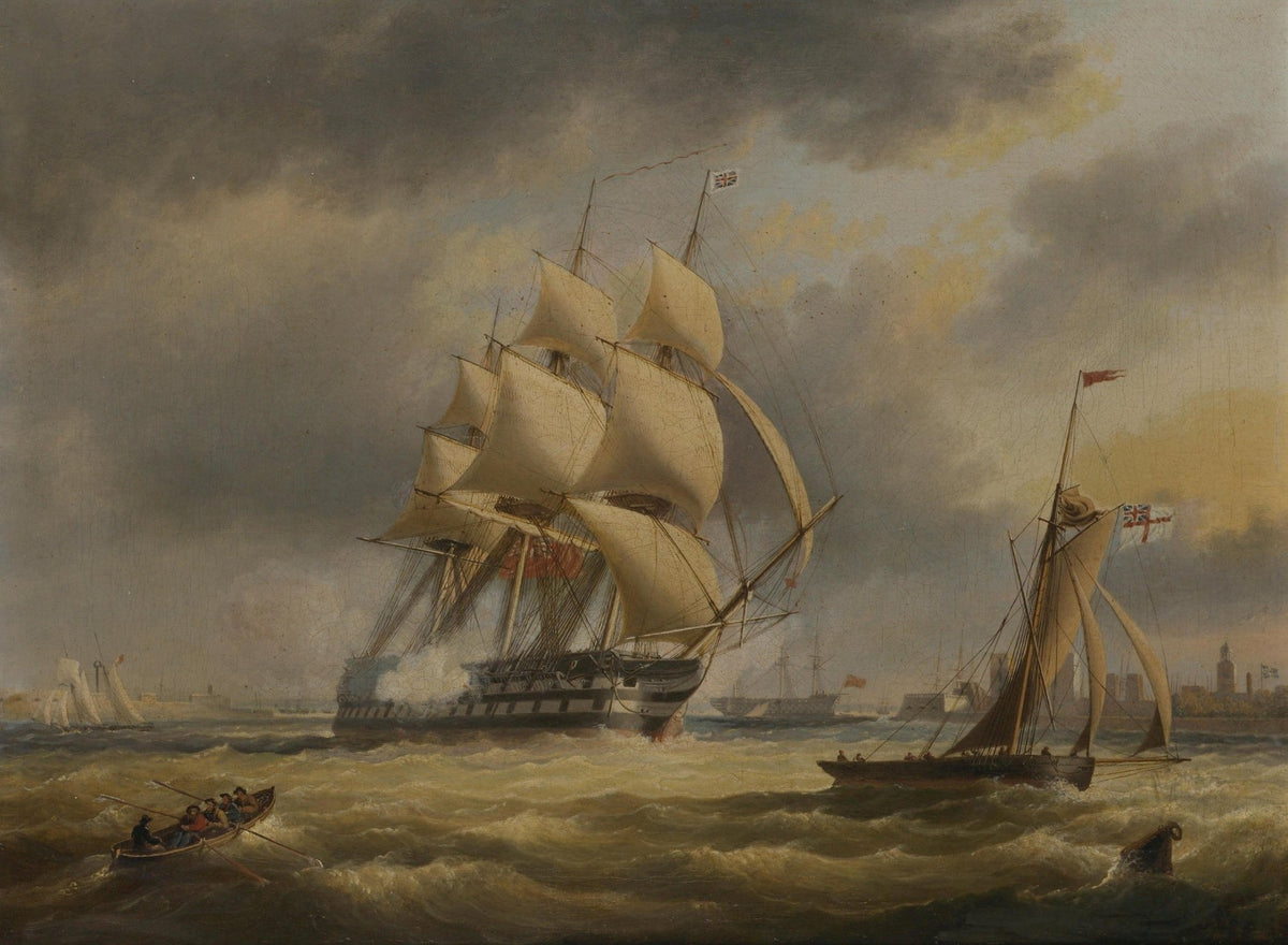 Hand-painted tall ship and cutter in stormy sea nautical oil painting on canvas