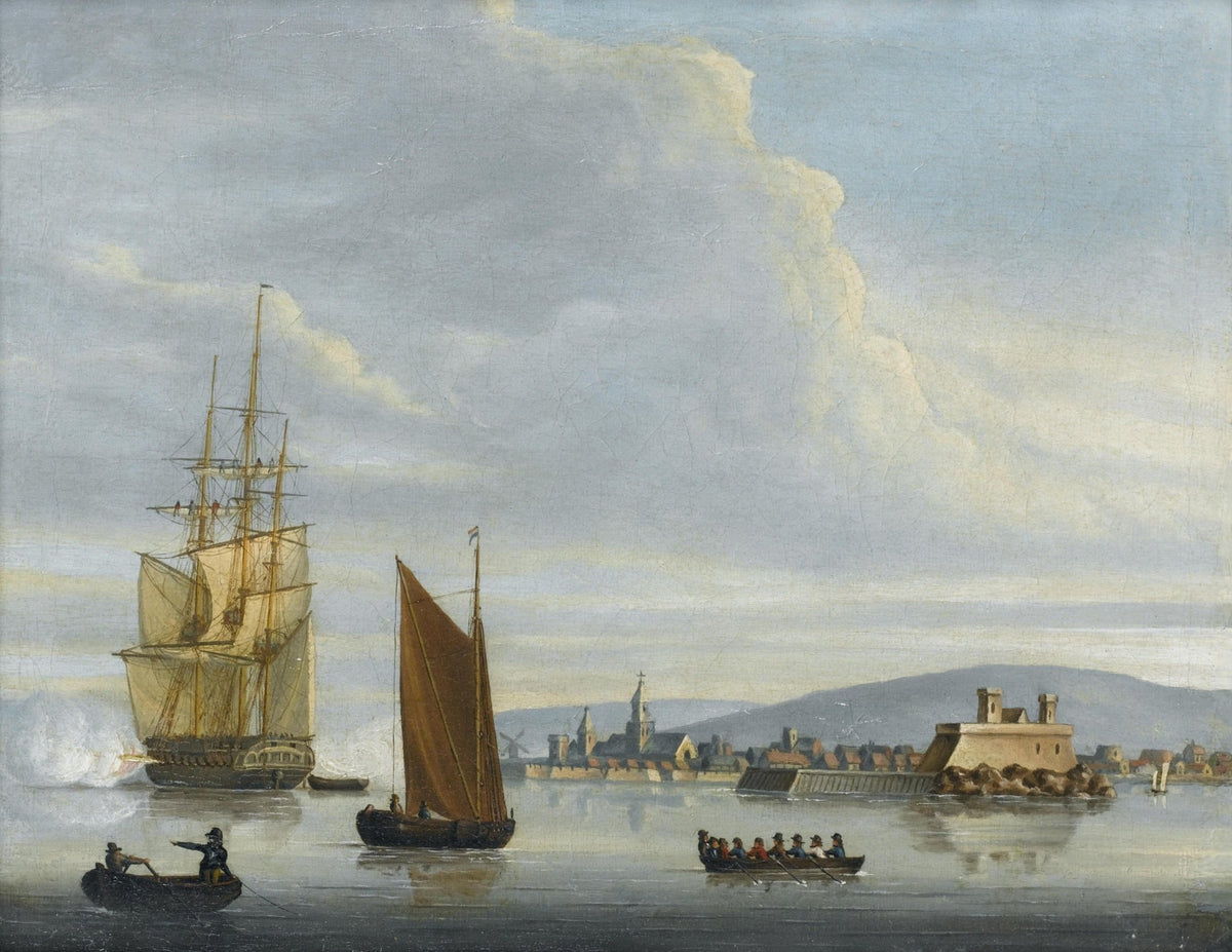 Hand-painted tall ship and harbor boats at dawn nautical oil painting on canvas