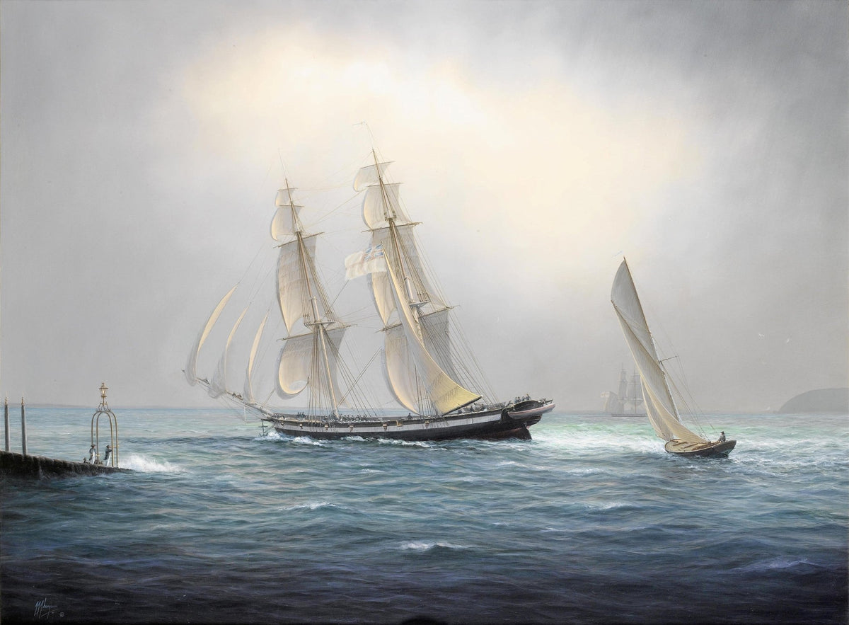 Hand-painted tall ship and sailboat at sea nautical oil painting on canvas