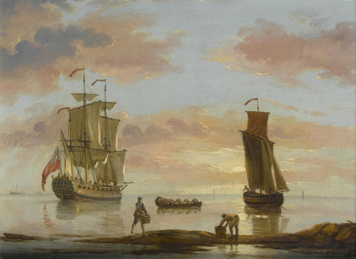 Hand-painted tall ship and sailboat in sunset harbor nautical oil painting on canvas