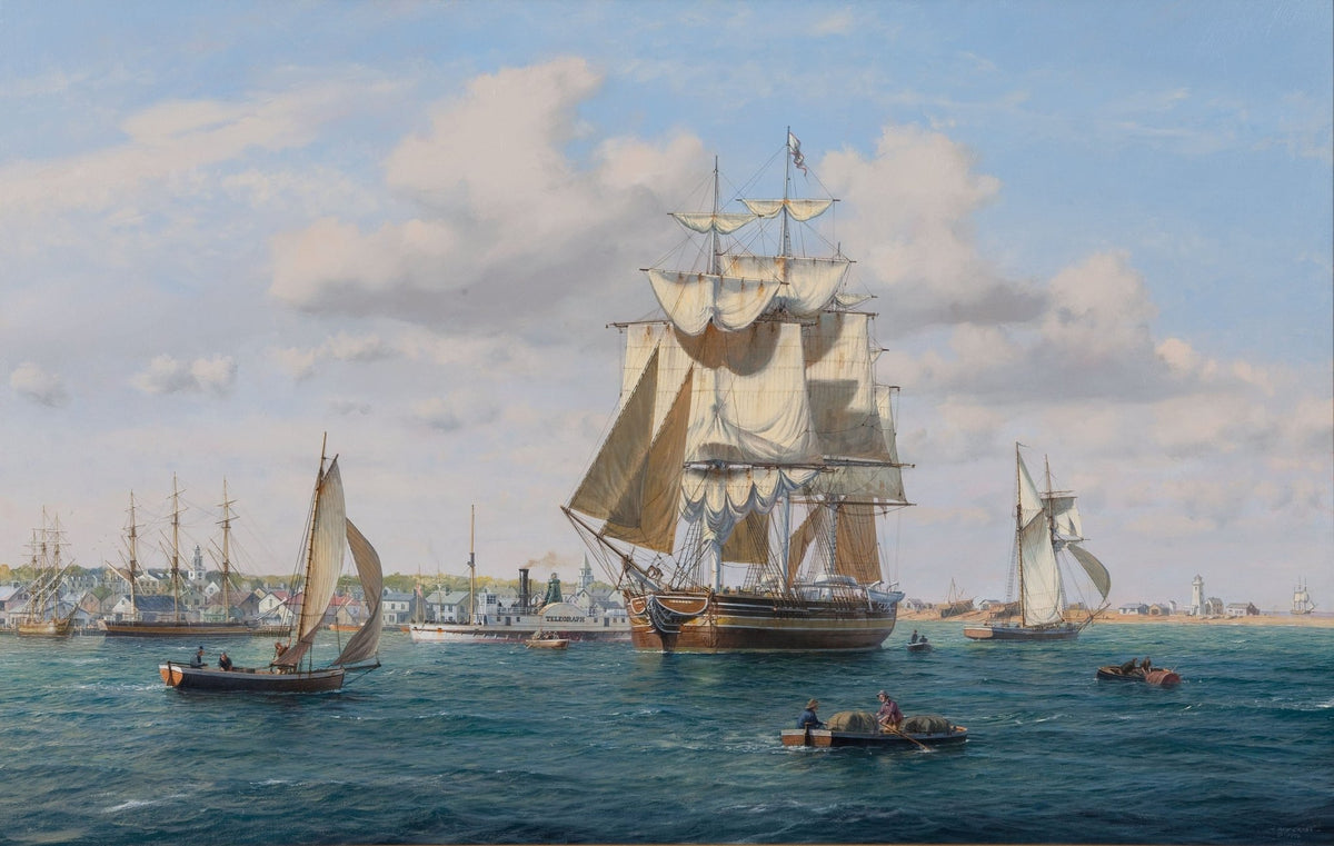 Hand-painted tall ship and sailboats in harbor nautical oil painting on canvas