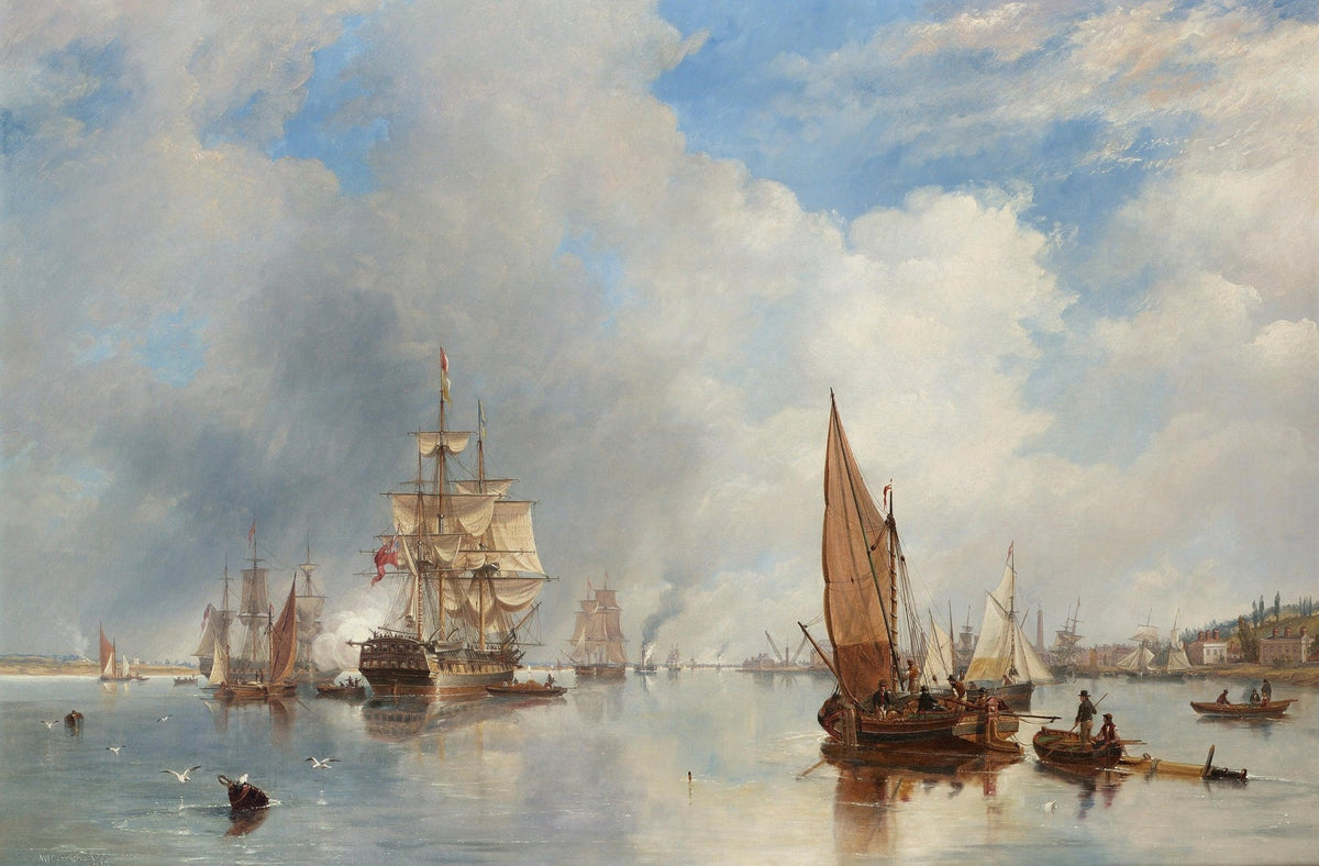 Hand-painted tall ship and sailboats on a calm harbor nautical oil painting on canvas