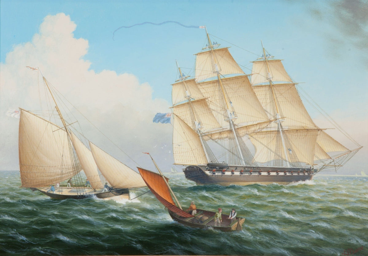 Hand-painted tall ship and sailboats on choppy sea nautical oil painting on canvas