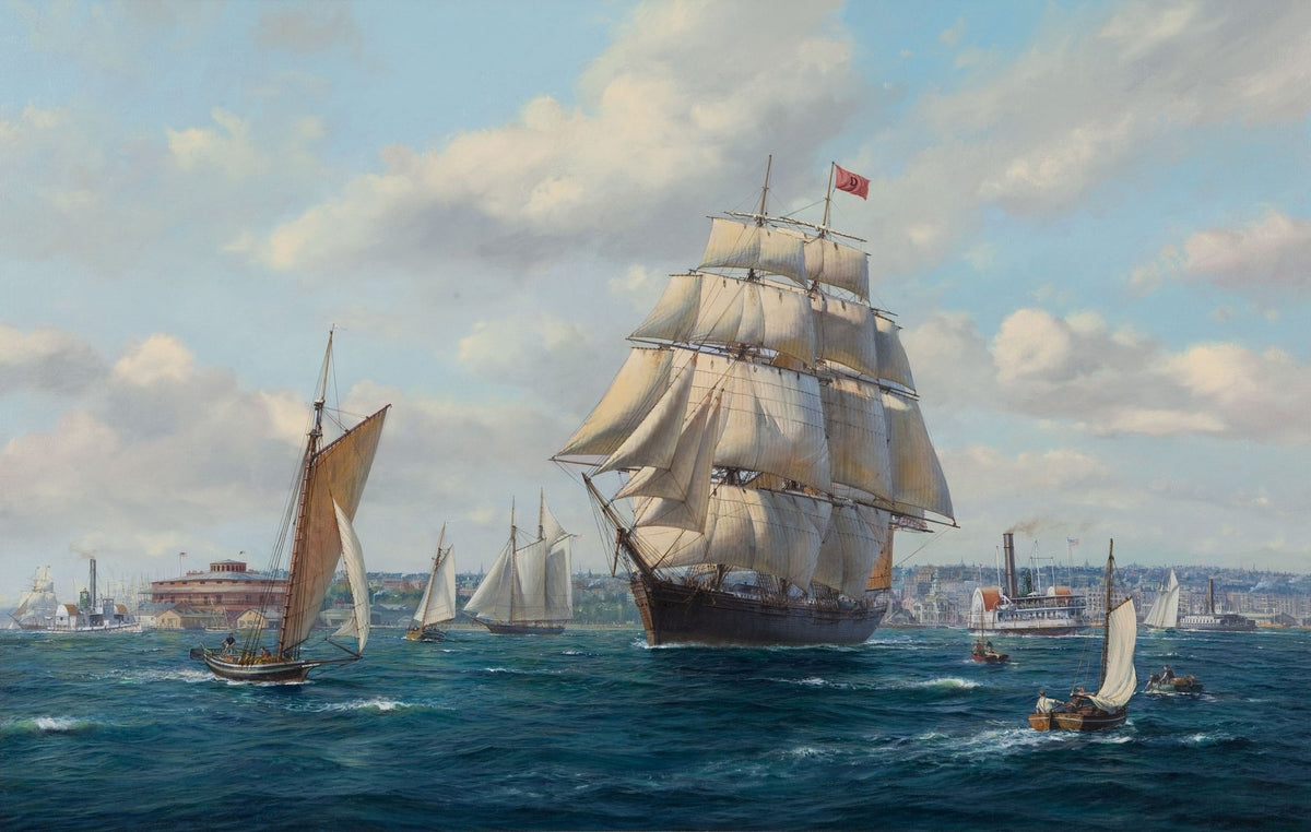 Hand-painted tall ship and sailboats on sunlit harbor nautical oil painting on canvas
