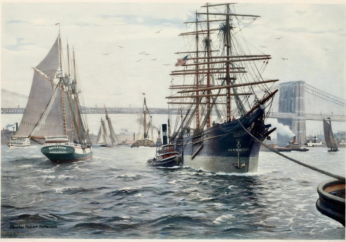 Hand-painted tall ship and schooner in New York nautical oil painting on canvas