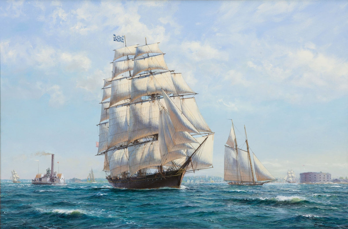 Hand-painted tall ship and schooner on blue harbor nautical oil painting on canvas
