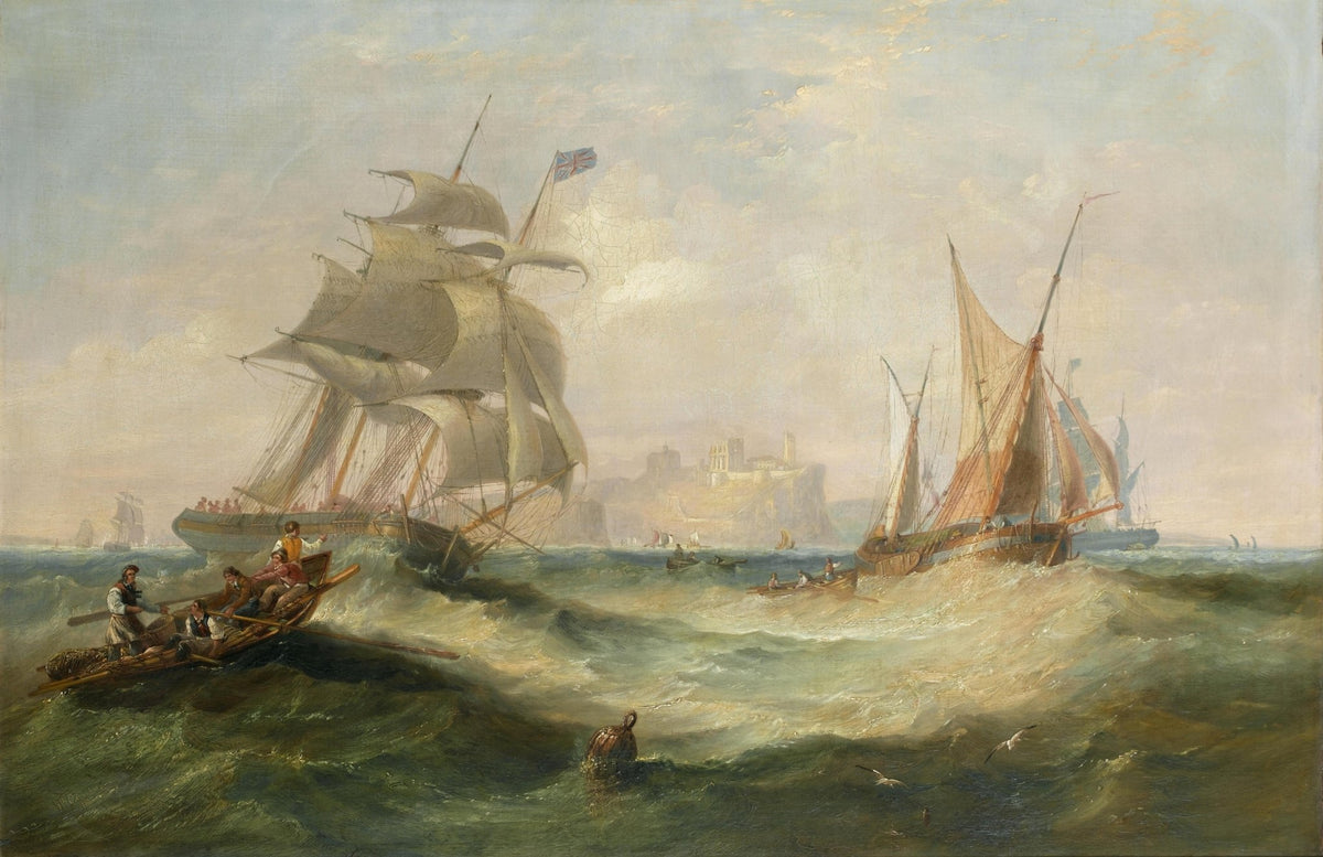 Hand-painted tall ship and small boats on rough sea nautical oil painting on canvas