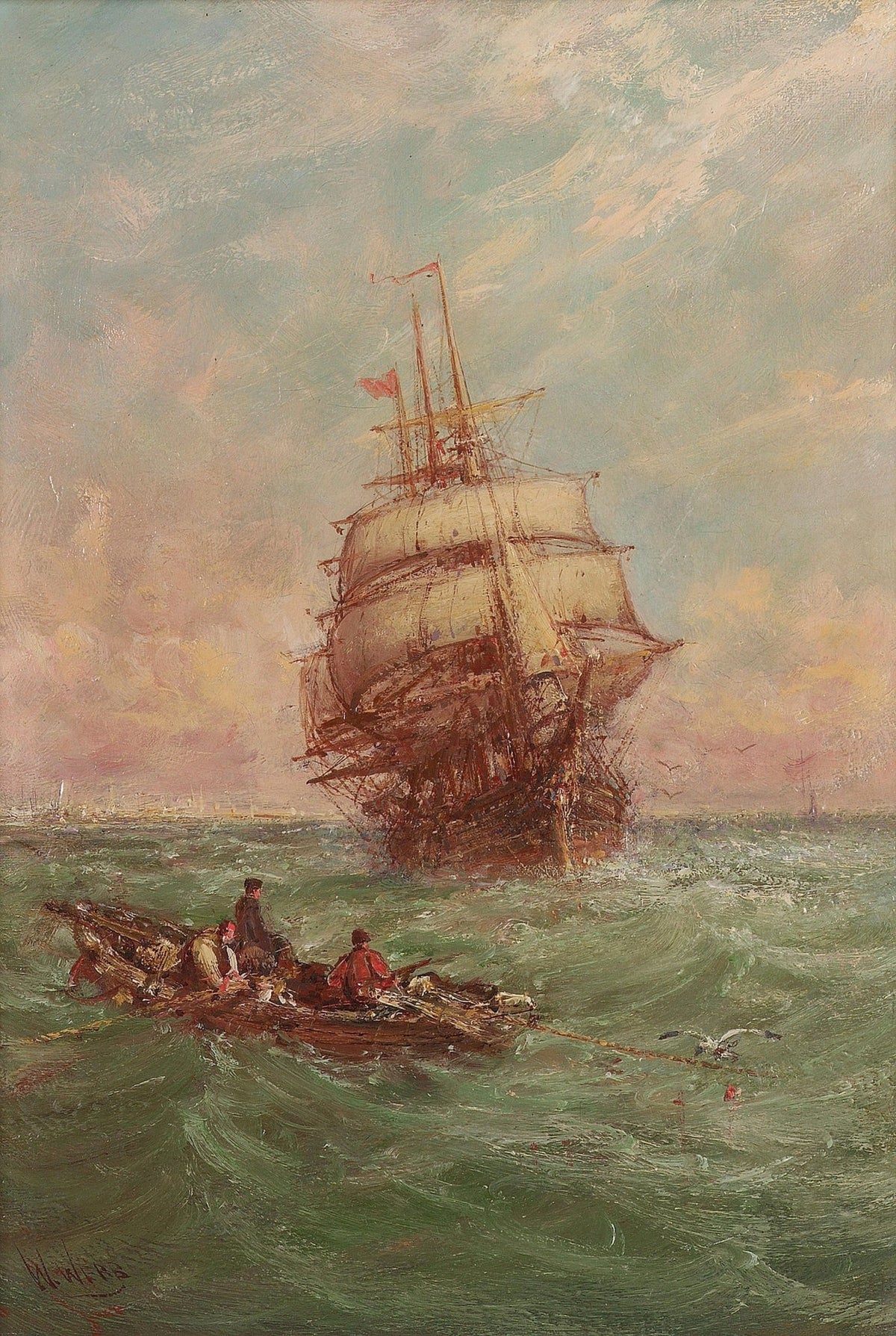 Hand-painted tall ship and tow boat on green sea nautical oil painting on canvas