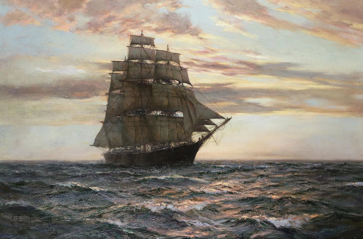 Hand-painted tall ship at sunset sea nautical oil painting on canvas